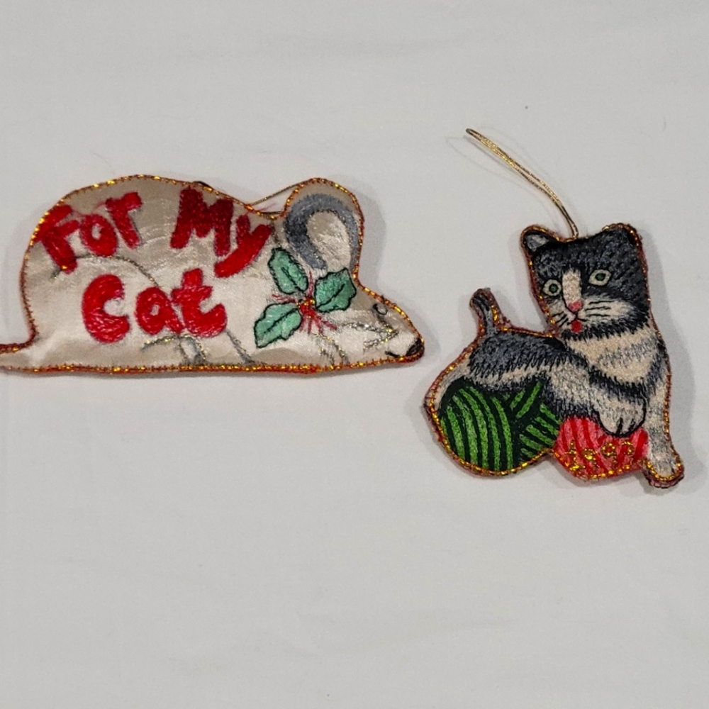 Vtg Cat & Mouse Christmas Ornament Metallic Gold For My Cat Embroidered 90s